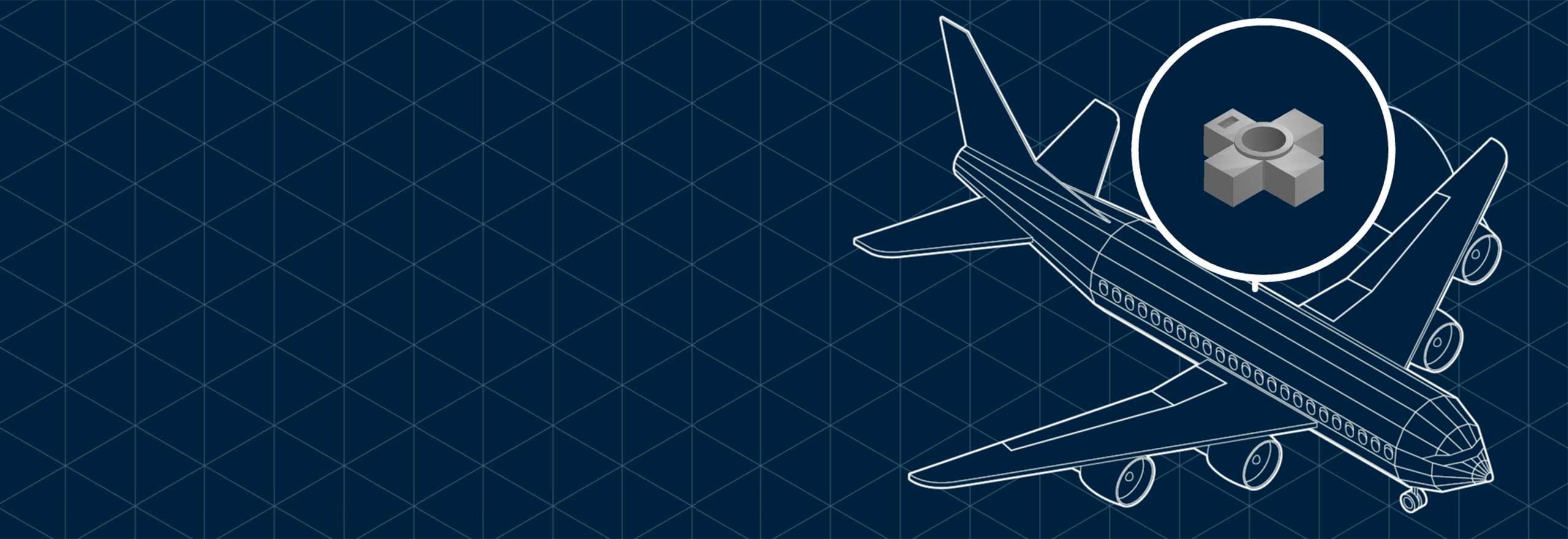 Airplane drawing on blue background of triangles, illustrating reverse engineering of a part in additive manufacturing process