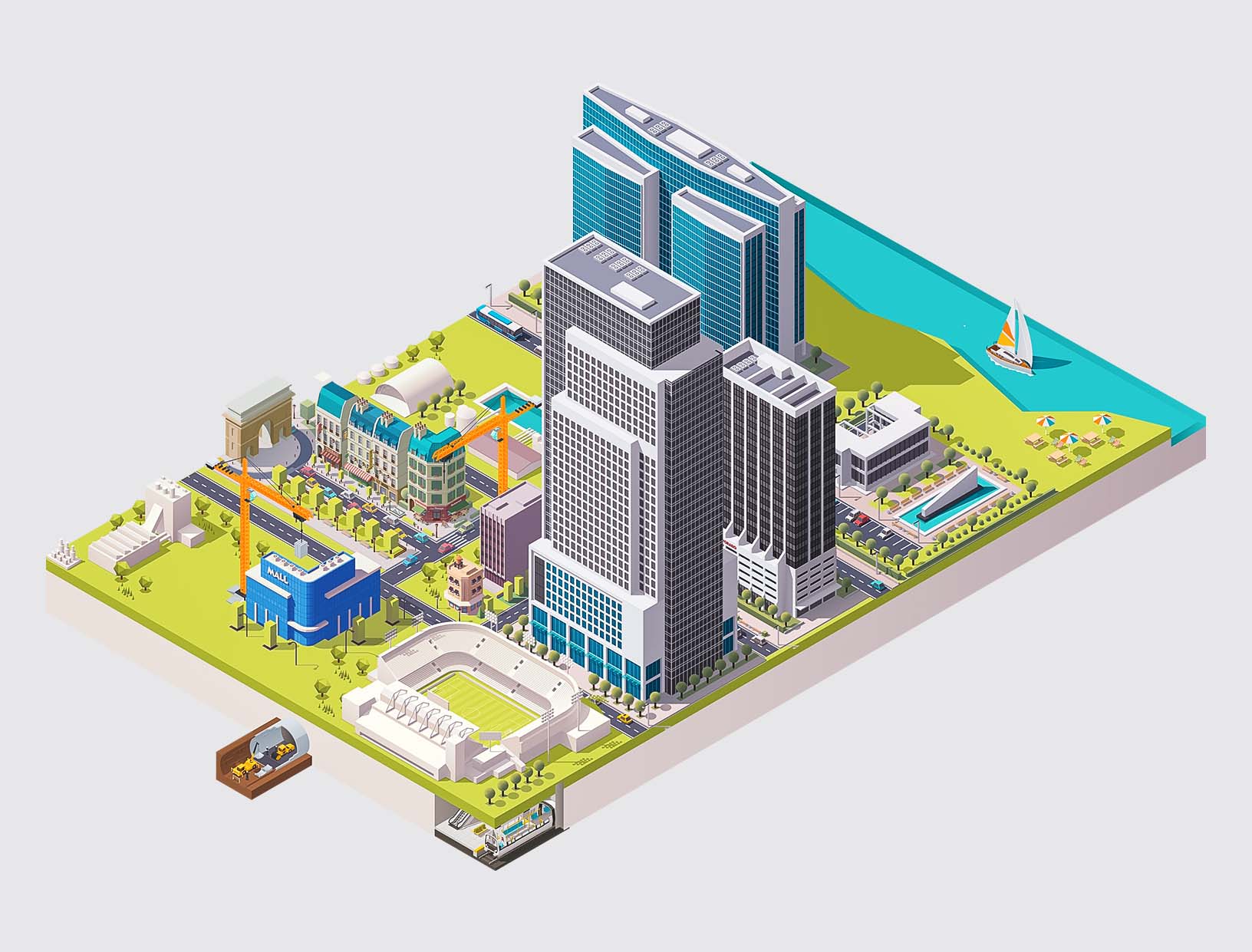 illustration of an urban area with high-rise buildings and construction sites