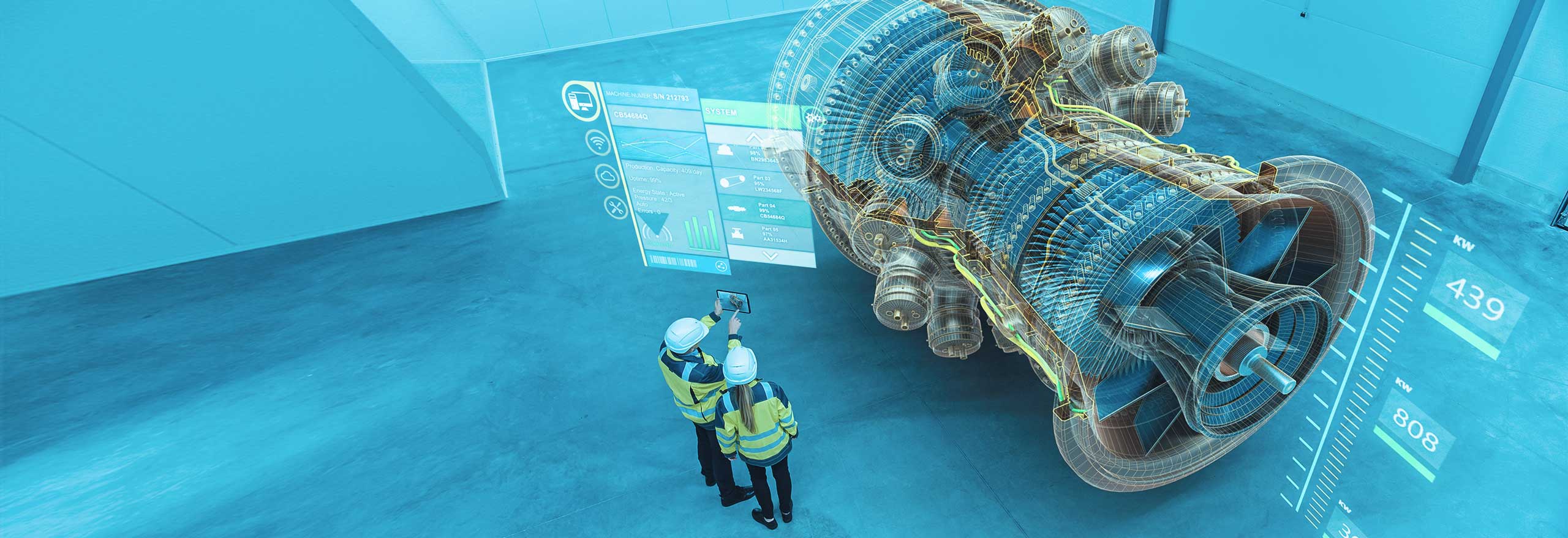 Two engineers inspecting a gas turbine with data overlay
