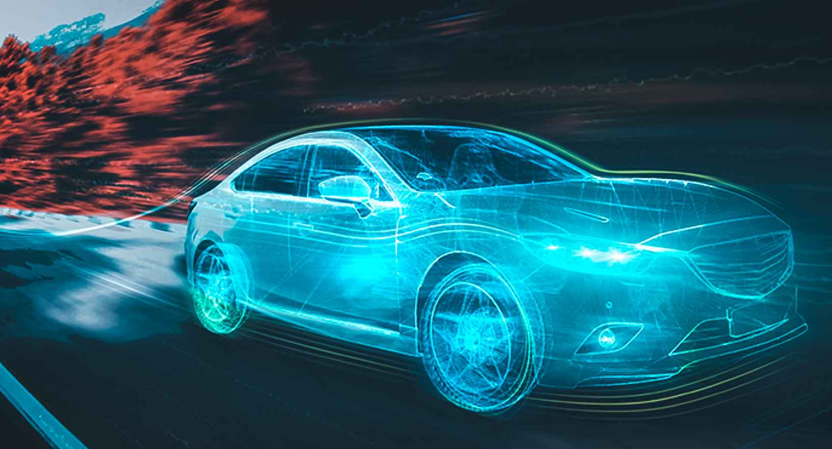 Auto auf Autobahn mit leuchtenden digitalen Umrissen