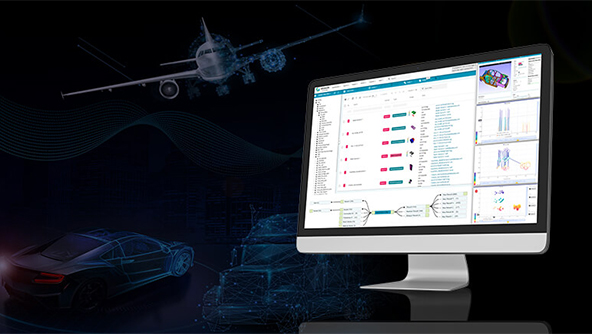 Manage, Integrate and Run shown on a computer monitor in the foreground with a background graphic representing automotive and aerospace industries